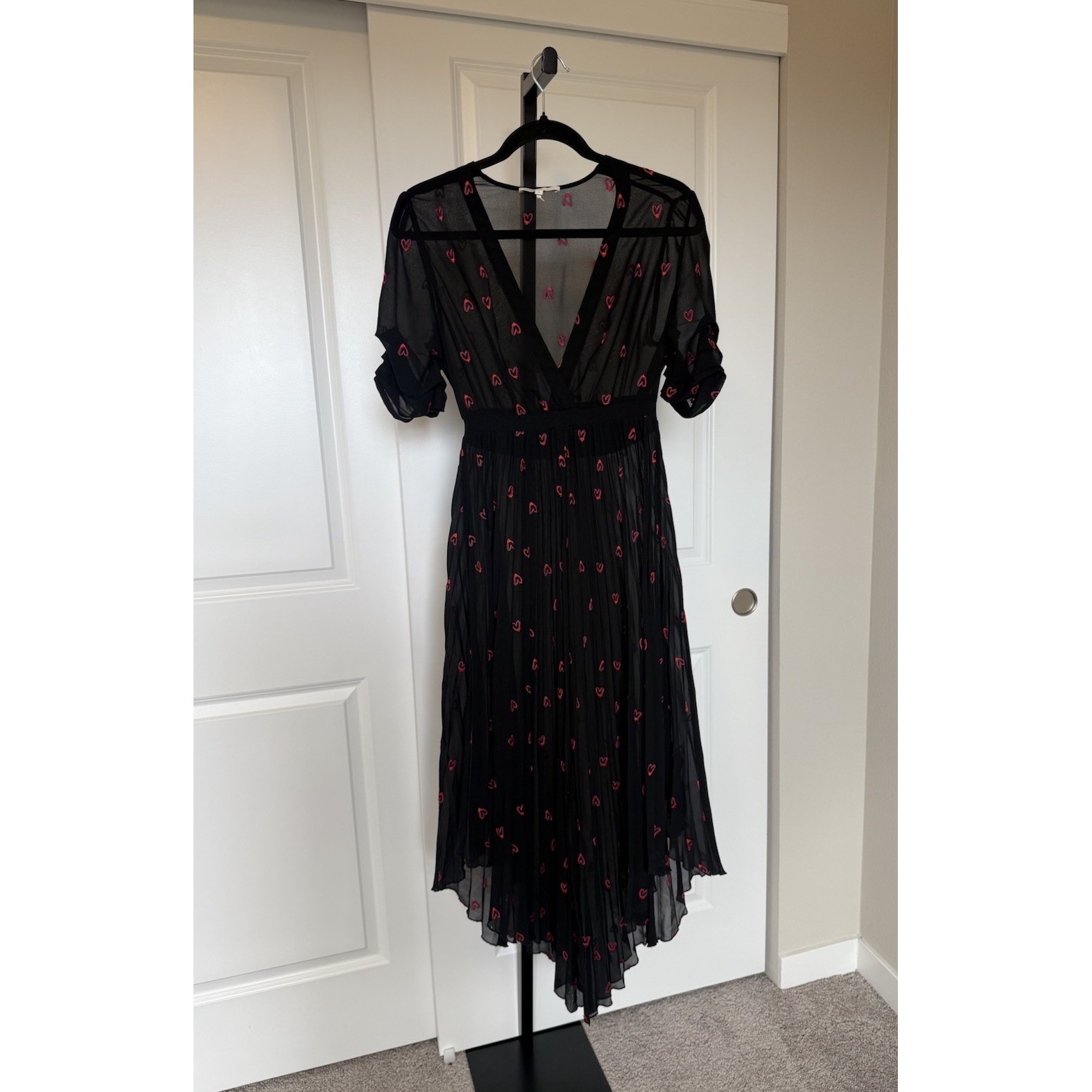 Maje Black Rengo Sheer Embroidered Heart Pleated Midi Dress 2 / Medium